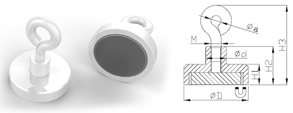 Neodymium Pot Magnets with Eyelet, White Powder Painted