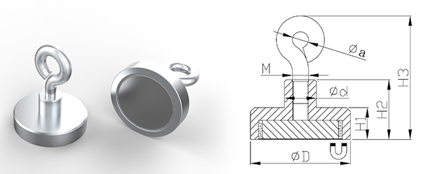 Neodymium Pot Magnets with Eyelet, Nickle Plated