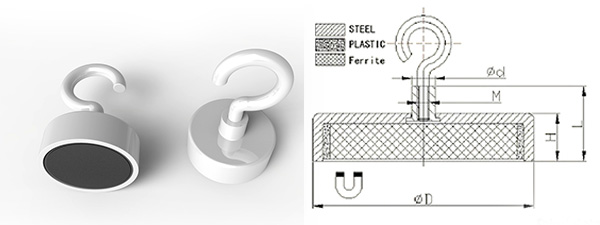 Ferrite Pot Magnets with Hook, White powder painted