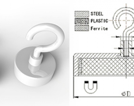 Ferrite Pot Magnets with Hook, White powder painted